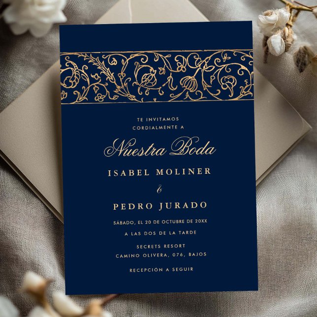 Luxury Floral Gold Navy Blue Nuestra Boda Wedding Invitation (Creator Uploaded)