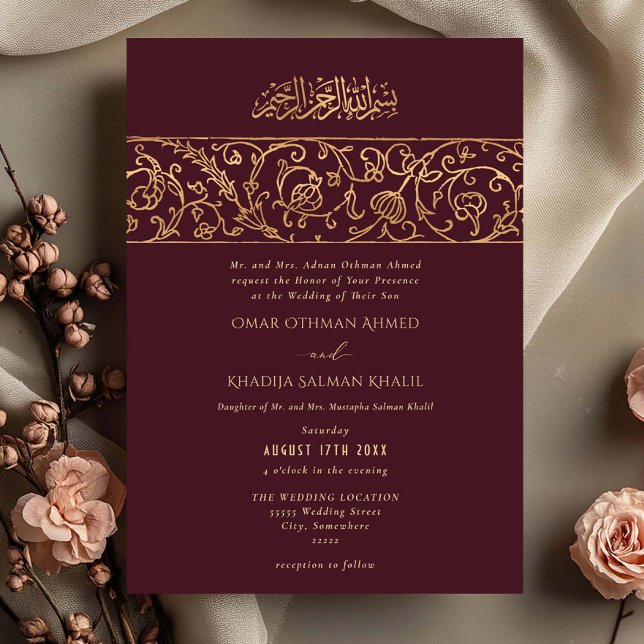 Luxury Floral Gold Red Maroon Islamic Wedding Invitation (Creator Uploaded)