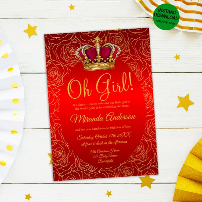 Luxury Floral Gold Royal Red Baby Shower Invitation (Creator Uploaded)