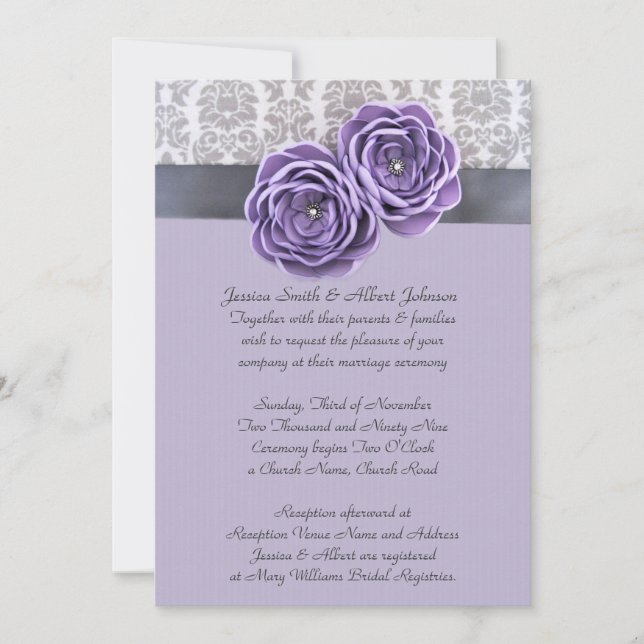 Luxury Floral Lavender Ribbon Belt Wedding Invite (Front)