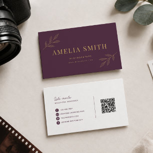Luxury Floral Leaf Plum Gold Qr Code Business Card