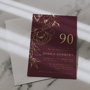 Luxury Floral Line Art 90th Birthday Gold