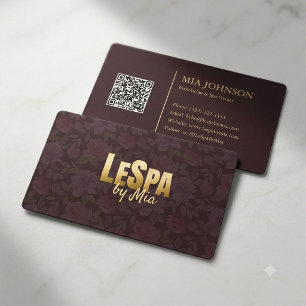 Luxury Floral Spa Burgundy Gold QR Code Business Card