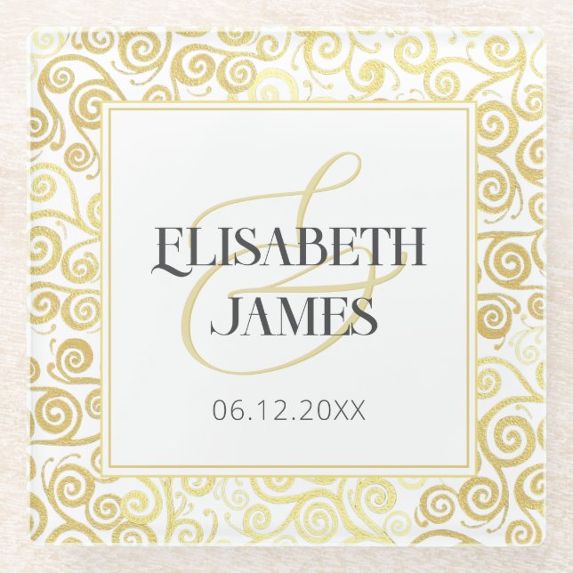 Luxury Flourish Chic Winter White And Gold Wedding Glass Coaster (Front)