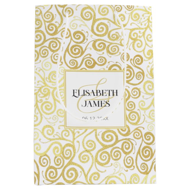 Luxury Flourish Chic Winter White And Gold Wedding Medium Gift Bag (Front)