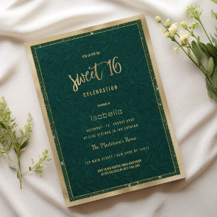 Luxury forest green gold floral lace Sweet 16  Invitation