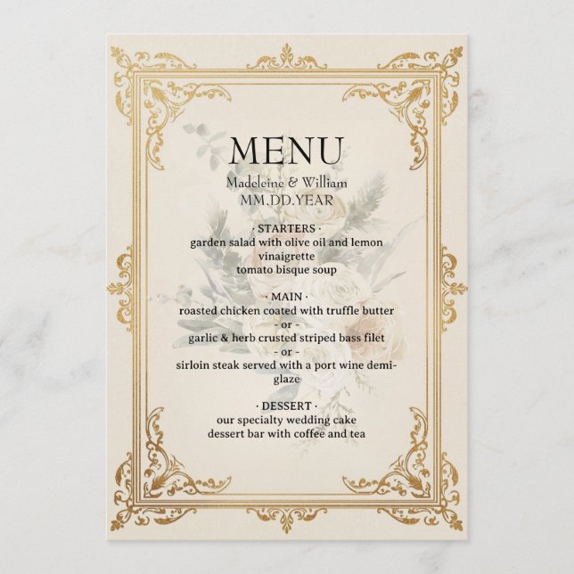  Luxury Formal Elegant Gold Wedding  Menu (Front)