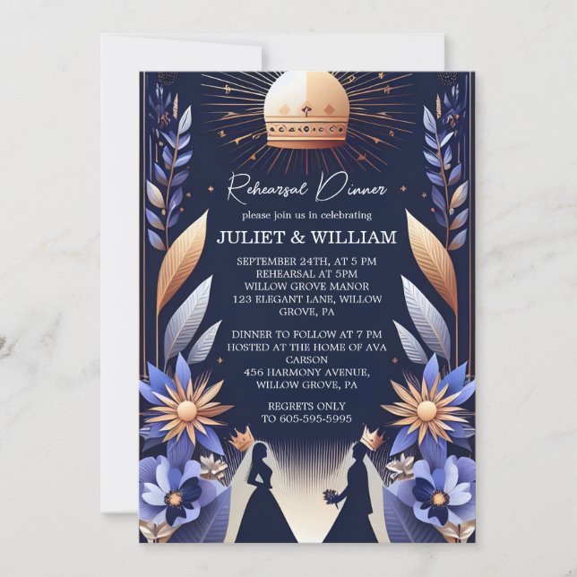 Luxury Fuchsia Crown Royal Blue Rehearsal Dinner Invitation (Front)