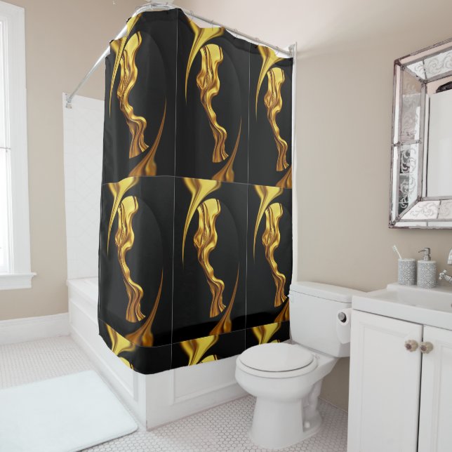 Luxury Full Gold Swirl Black Waterproof Bathroom  Shower Curtain (In Situ)