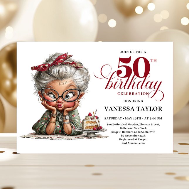 Luxury Funny Lady 50th Birthday Cartoon Humor  Invitation (Luxury Funny Lady 50th Birthday Cartoon Humor Invitation)
