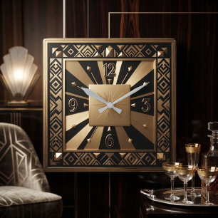 Luxury Geometric Art Deco Black and Gold Sunburst Square Wall Clock