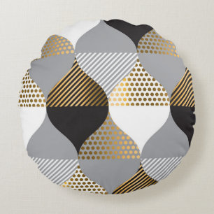 Luxury geometric: black, gold pattern round cushion