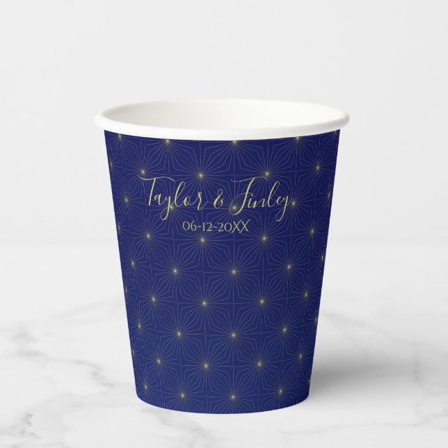 Luxury Geometric Deco Navy Starry Night Wedding Paper Cups (Front)