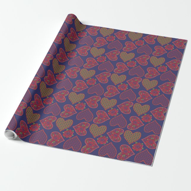 Luxury Giftwrap: Hearts and Roses Valentines, Blue Wrapping Paper (Unrolled)