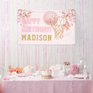 Luxury Girl Birthday Pink Gold Basketball Banner
