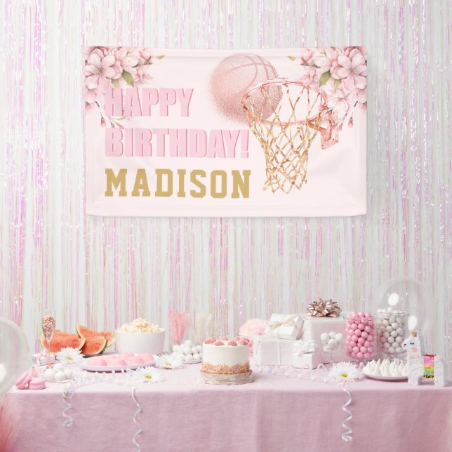 Luxury Girl Birthday Pink Gold Basketball Banner (Party)