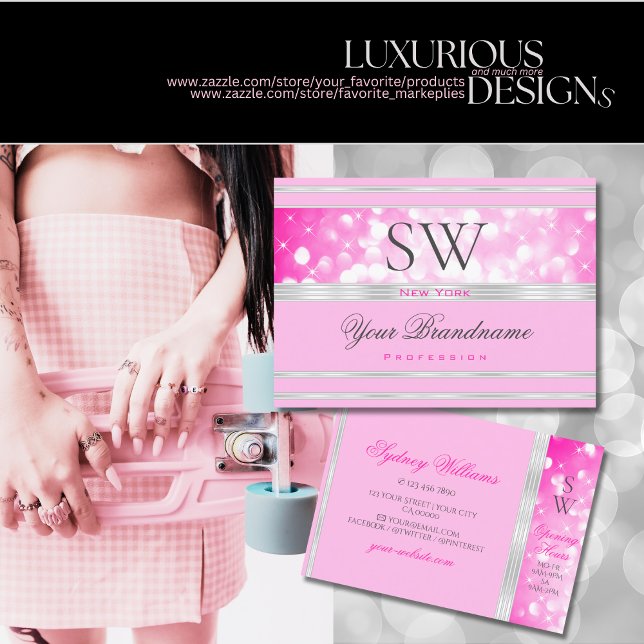 Luxury Girly Pink Glitter Monogram Silver Border Business Card (Creator Uploaded)