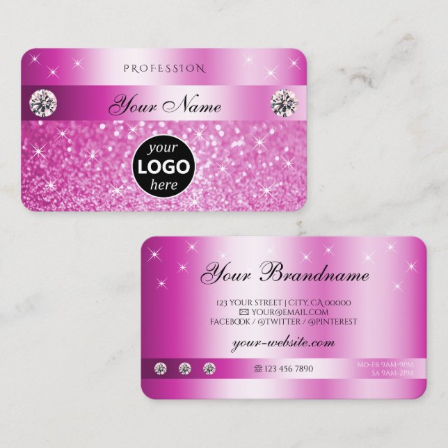 Luxury Girly Pink Glitter Sparkling Stars Add Logo Business Card (Front/Back)