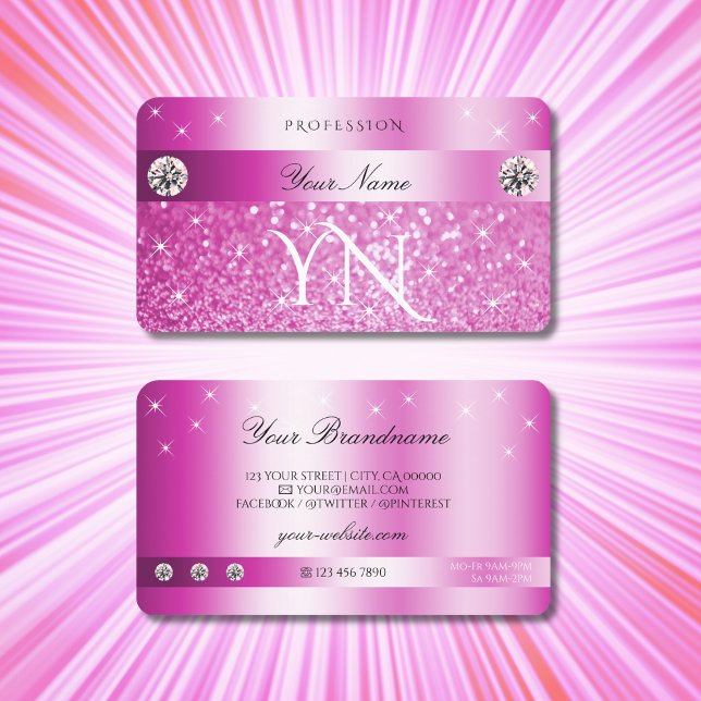 Luxury Girly Pink Glitter Sparkling Stars Monogram Business Card (Creator Uploaded)
