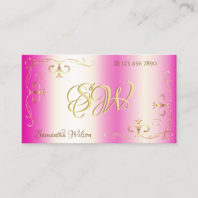 Luxury Girly Pink Gold Ornate Corner with Initials Business Card (Front)
