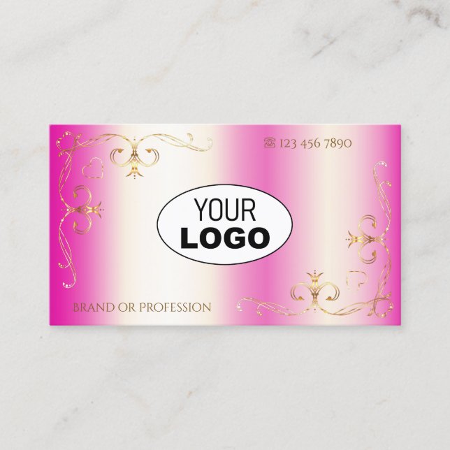 Luxury Girly Pink Gold Ornate Corners with Logo Business Card (Front)