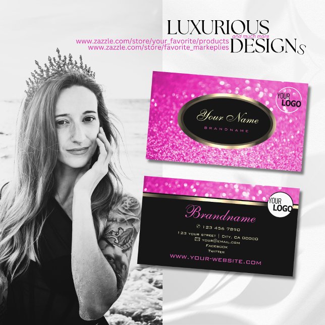 Luxury Girly Pink Sparkle Glitter and Logo Noble Business Card (Creator Uploaded)