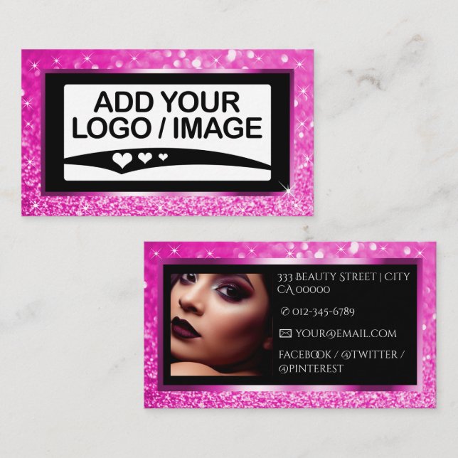 Luxury Girly Pink Sparkle Logo Photo Template Business Card (Front/Back)