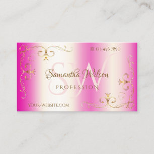 Luxury Girly Pink with Initials Gold Ornate Corner Business Card