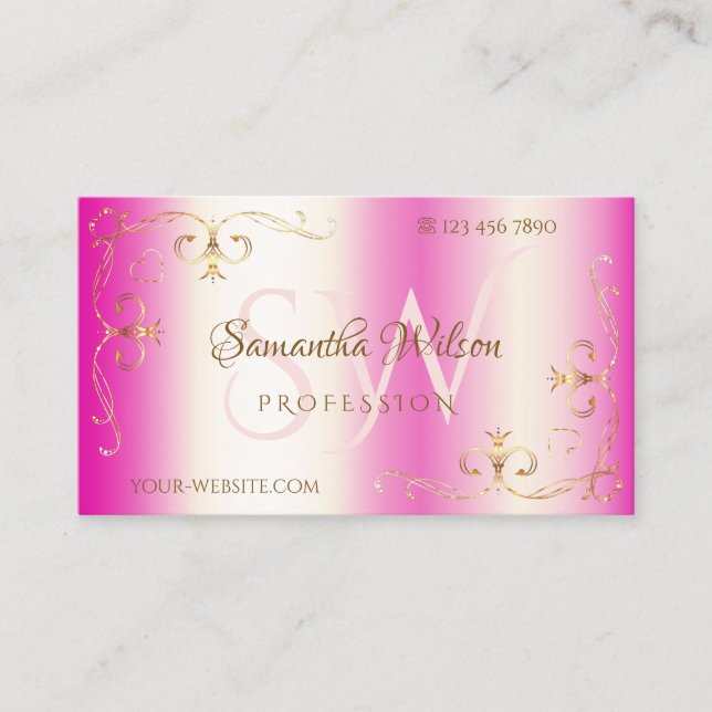 Luxury Girly Pink with Initials Gold Ornate Corner Business Card (Front)
