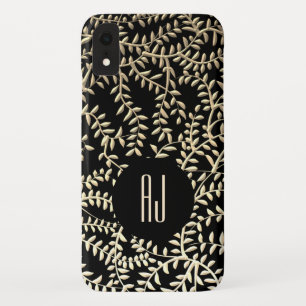Luxury Glam Black and Gold Floral Swirls Monogram iPhone XR Case