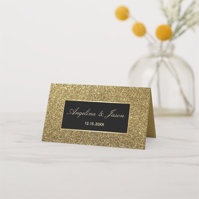 Luxury Glam Black and Gold Glitter Wedding Table Place Card (Back)