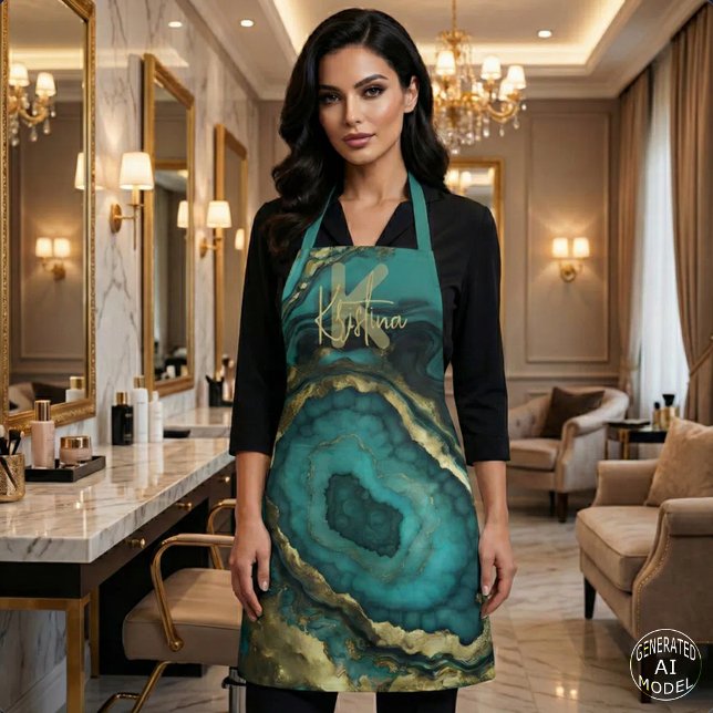Luxury Glam Chic Teal Turquoise & Gold Agate Geode Apron (Creator Uploaded)