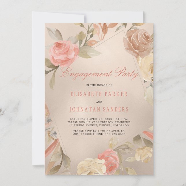 Luxury Glam Coral Gold Floral Engagement Party Invitation (Front)
