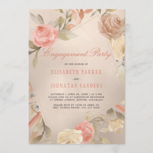 Luxury Glam Coral Gold Floral Engagement Party Invitation