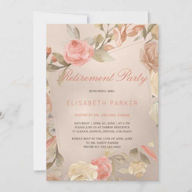 Luxury Glam Coral Gold Floral Retirement Party Invitation (Front)