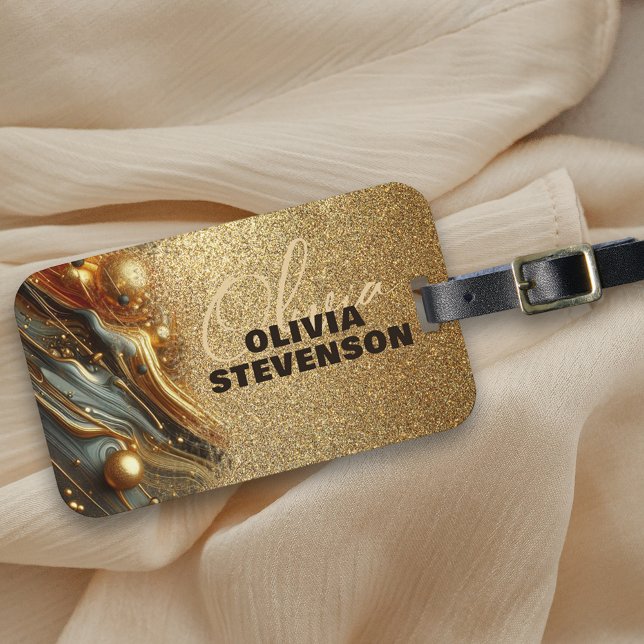 Luxury Glam Glitter Golden Swirls Luggage Tag (Creator Uploaded)