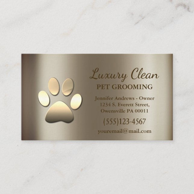 Luxury Glam Gold Metallic Dog Paw Grooming Service Business Card (Front)