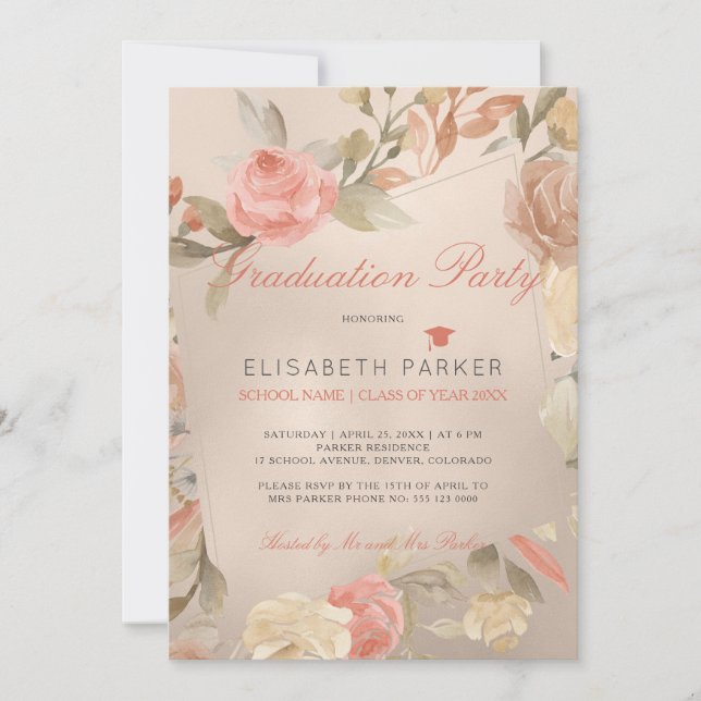 Luxury Glam Peach Cream Floral Graduation Party Invitation (Front)