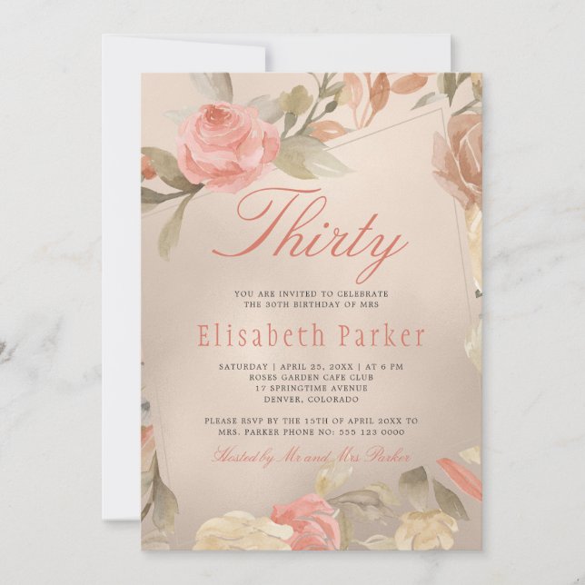Luxury Glam Peach Gold Floral 30th Birthday Party Invitation (Front)