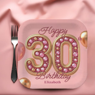 Luxury Glam Pink and Gold Gemstone 30th Birthday  Paper Plate