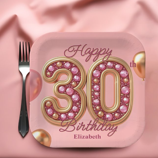 Luxury Glam Pink and Gold Gemstone 30th Birthday  Paper Plate (Creator Uploaded)