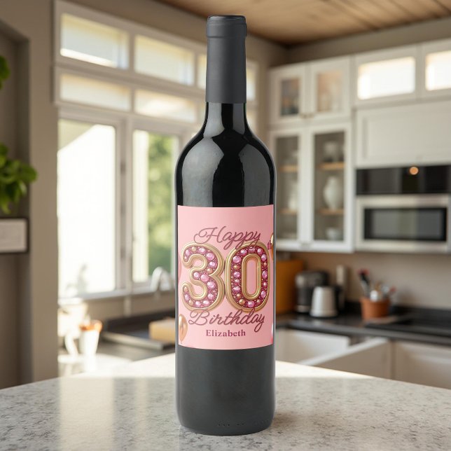 Luxury Glam Pink and Gold Gemstone 30th Birthday  Wine Label (Creator Uploaded)