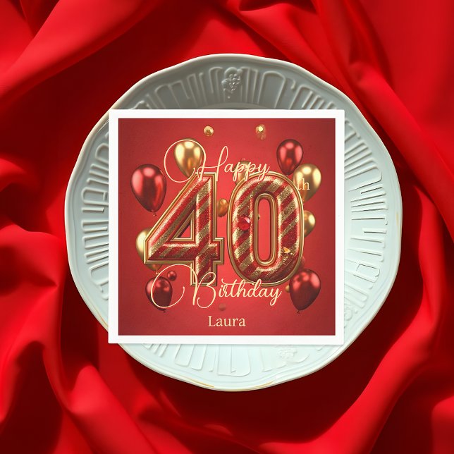 Luxury Glam Red and Gold 40th Birthday Celebration Napkin (Creator Uploaded)