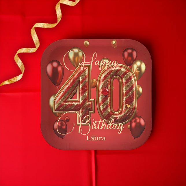Luxury Glam Red and Gold 40th Birthday Celebration Paper Plate (Creator Uploaded)