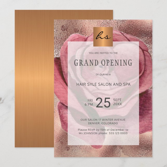 Luxury glam rose beauty salon grand opening invitation (Front/Back)