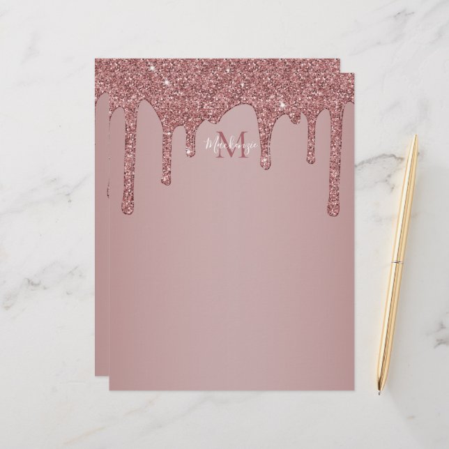 Luxury Glam Rose Gold Dripping Glitter Monogram Custom Letterhead (Front/Back In Situ)