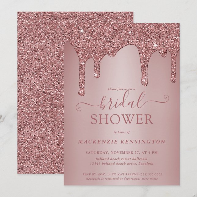 Luxury Glam Rose Gold Glitter Drips Bridal Shower Invitation (Front/Back)