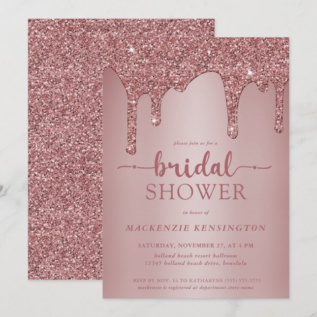 Luxury Glam Rose Gold Glitter Drips Bridal Shower Invitation (Front/Back)