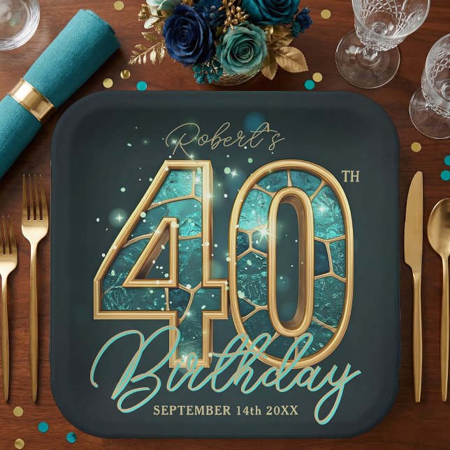 Luxury Glam Teal Gold Agate 40th Birthday Party Paper Plate (Creator Uploaded)