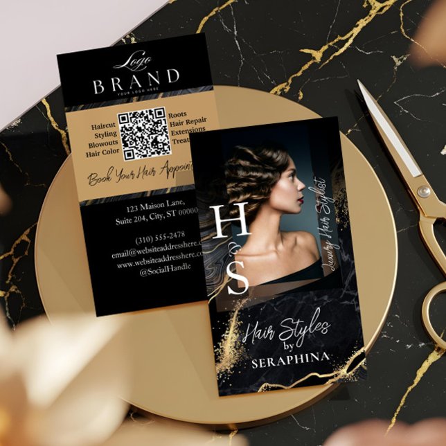 Luxury Glamor Hair Stylist Salon Black Gold Agate Business Card (Luxury Luxury Hair Stylist Salon Black Gold Agate Business Card)